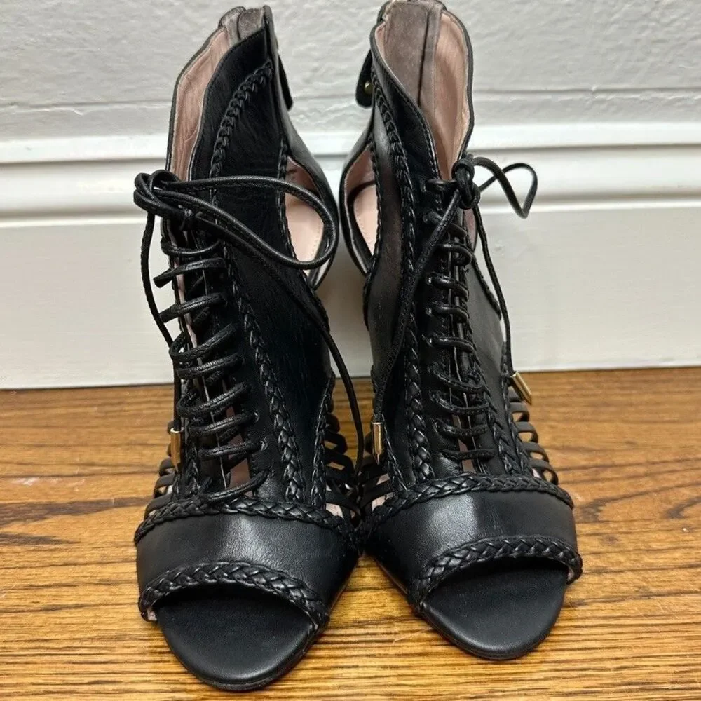 Avec Les Filles Joyce Black‎ Leather Lace Up Bootie Heel Size 7.5M